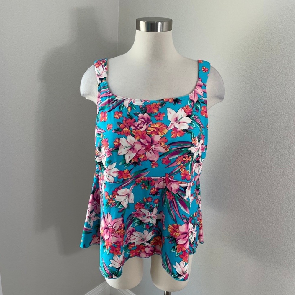 Lands End Womens Plus 1X 16W-18W Floral Tankini Swim Top Turquoise Peplum Blue